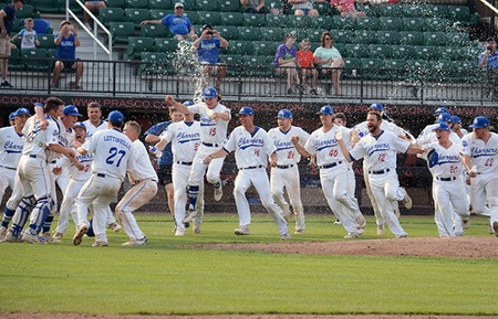 The Charger baseball team celebrates its G-MAC championship Saturday in Mason, Ohio. Photo by Kyle Nierman