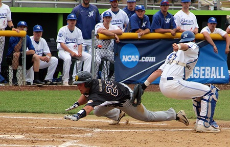 Steven Ring applies a tag at home plate during Hillsdale's 4-3 NCAA regional loss to Ohio Dominican in Springfield, Ill. Photo by Brad Monastiere