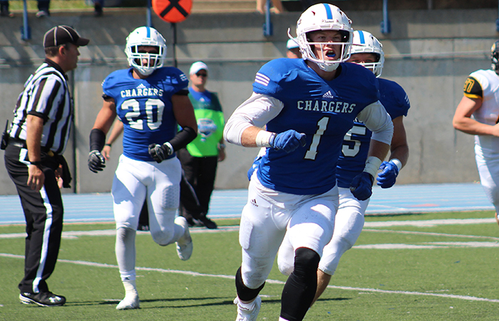 Merrick Canada (1) returned a fumble 97 yards for a touchdown in Hillsdale's win at Alderson Broaddus. Photo by Alexandra Whitford