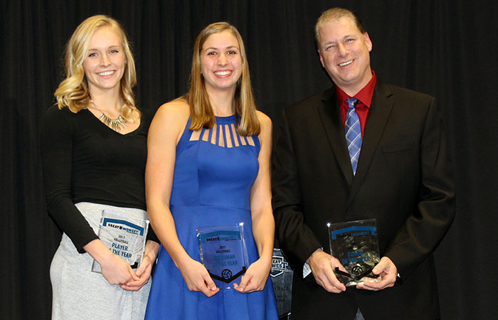 Pictured from L-R: 2017 G-MAC Player of the Year Paige VanderWall; 2017 G-MAC Freshman of the Year Lindsey Mertz; 2017 G-MAC Coach of the Year Chris Gravel. Photo by Alexandra Whitford